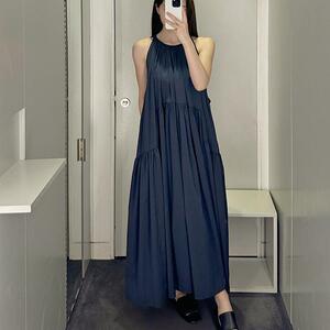 极简cosniu风女装藏青色棉无袖连衣裙子女款褶皱2025年新款春夏轻