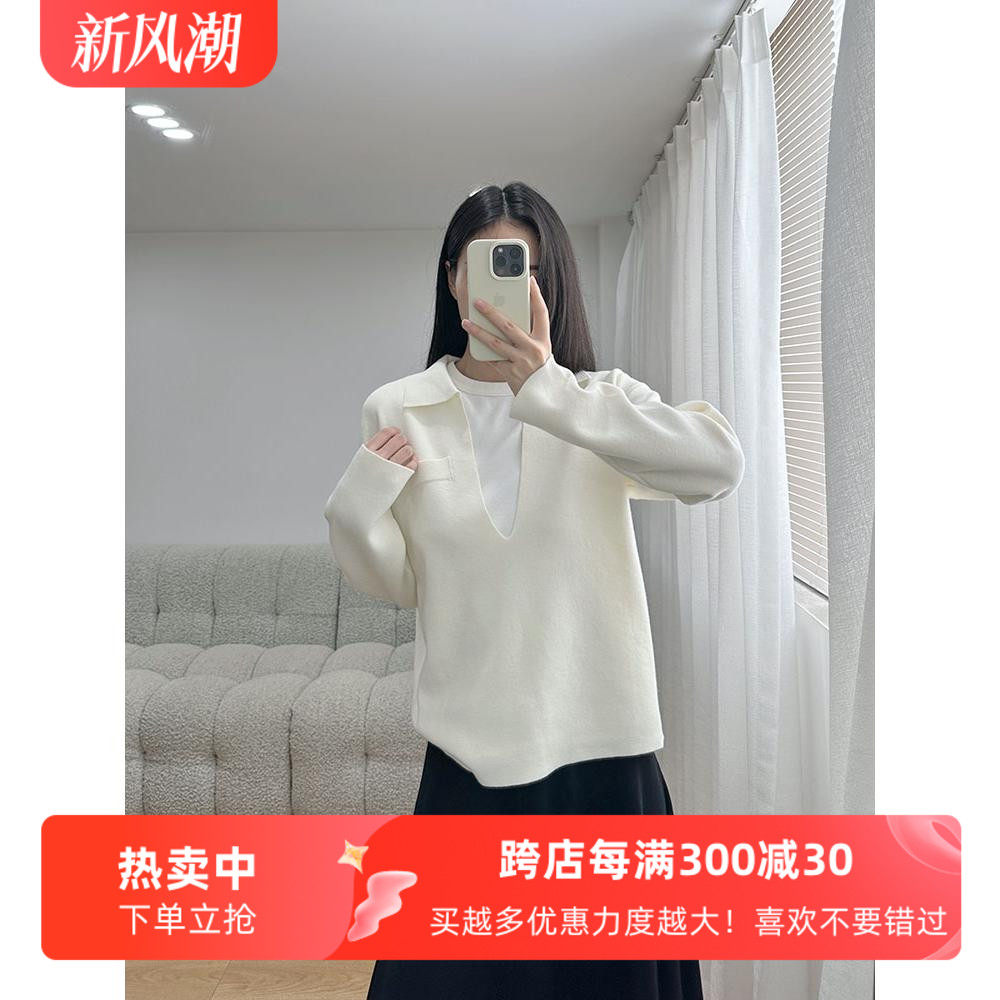 cddily深V翻领套头叠穿针织衫