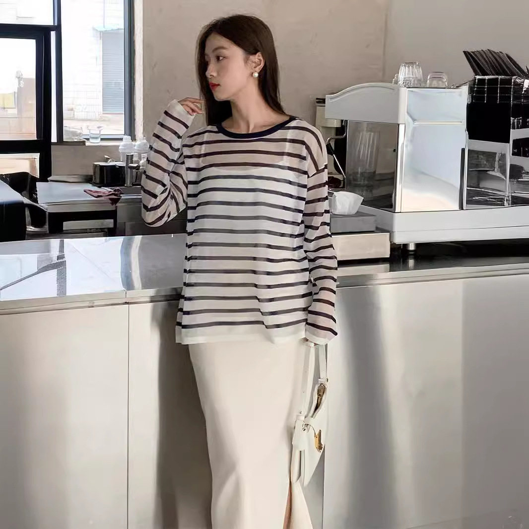 冰丝亚麻微透条纹慵懒防晒罩衫宽
