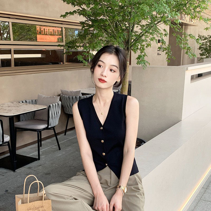 夏季冰凉V领西装风针织马甲女
