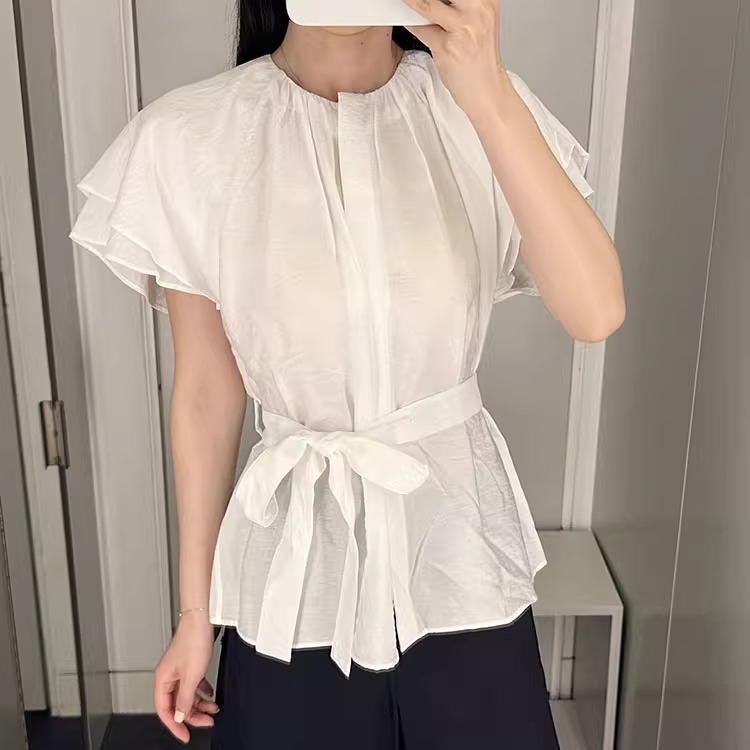 极简COS风女装休闲版型层叠式袖口系带衬衫白色蝙蝠袖2025夏季