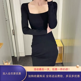 方领长袖 通勤女装 极简cos风黑色气质修身 纯色连衣裙22年春季 新品