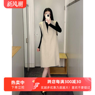 极简cosniu宽松版V领羊毛混纺无袖裙米色春秋新双面呢女装连衣裙