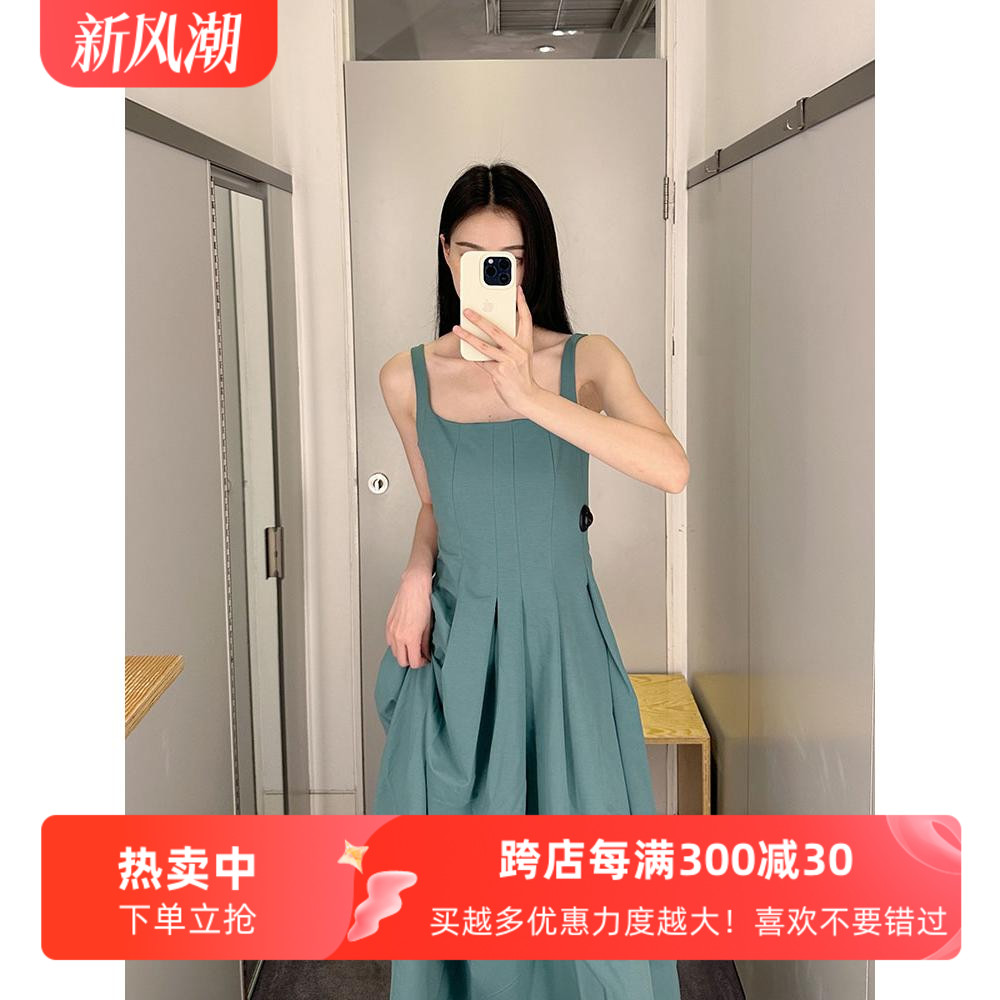 通勤吊带裙纯色无袖褶裥连衣裙