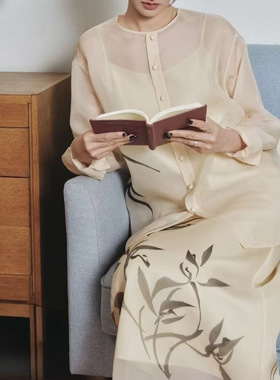 ZH26春新款花式上衣高端女装中式仿真丝欧根纱长袖圆领印花衬衫女