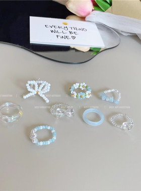 ins蓝色系甜美奶油串珠戒指高颜值手工米珠混色可爱花朵爱心戒指