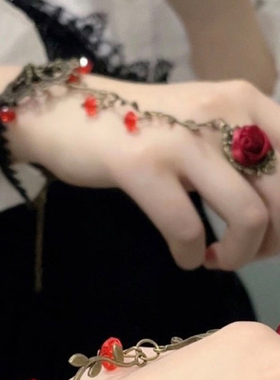 暗黑洛丽塔蕾丝玫瑰手链戒指一体女复古哥特风万圣节cos道具饰品