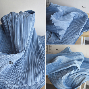 天蓝色三宅一生褶皱仿水洗棉麻民族朴素服装立体裤子汉服设计布料
