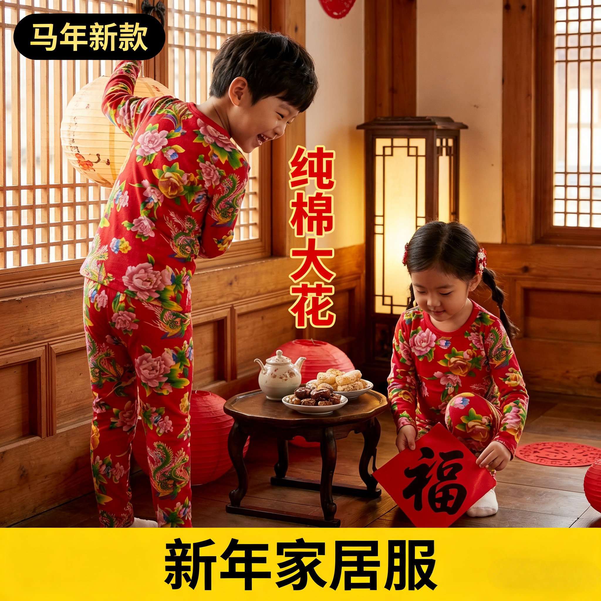 儿童内衣套装秋衣秋裤男童女童宝宝全棉本命红色新年马年东北大花