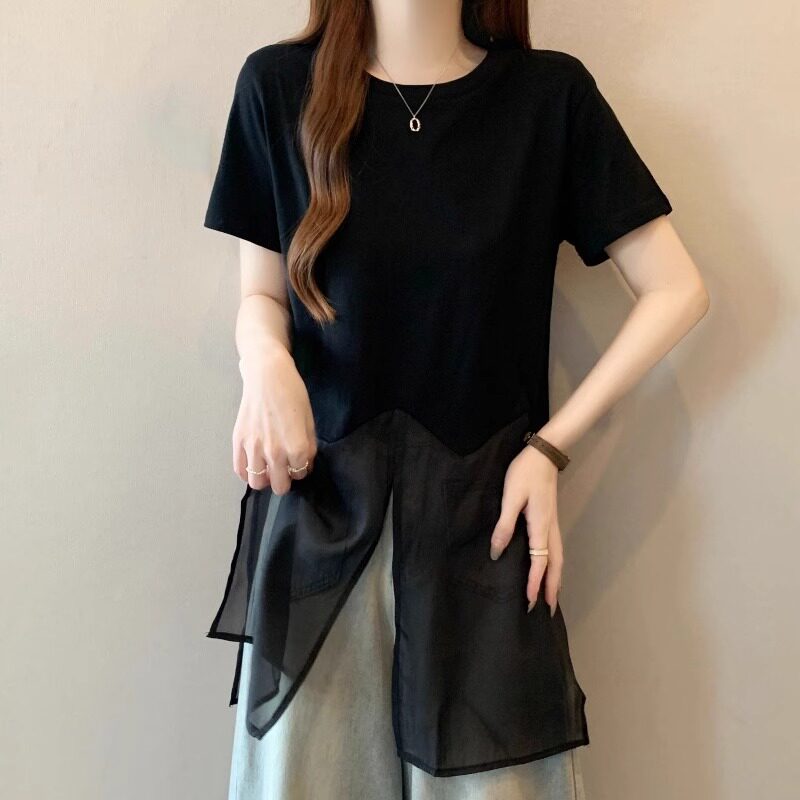 中长款网纱拼接短袖T恤女2025夏季大码胖mm设计感开叉小飞袖上衣