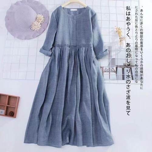 新品日系外贸棉麻中袖连衣裙