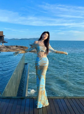 法式辣妹油画扎染连衣裙两件套