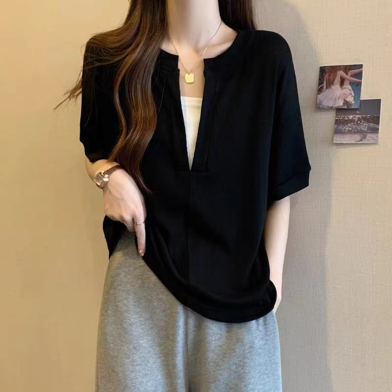 大码女装韩版遮肚子假两件短袖打底衫夏季胖妹妹宽松显瘦正肩上衣