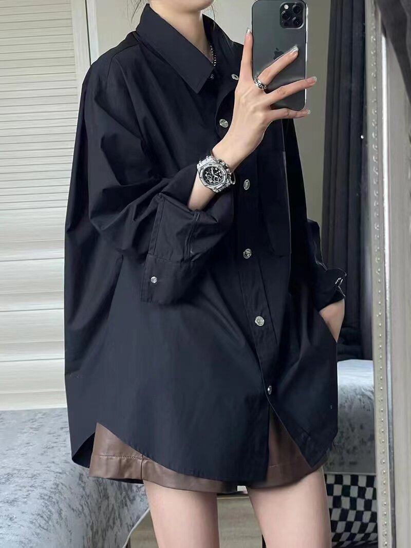 高级感黑色长袖防晒衬衫女春秋薄衬衫