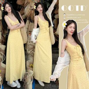新款 宽松连衣裙慵懒风温柔风碎花黄色连衣裙