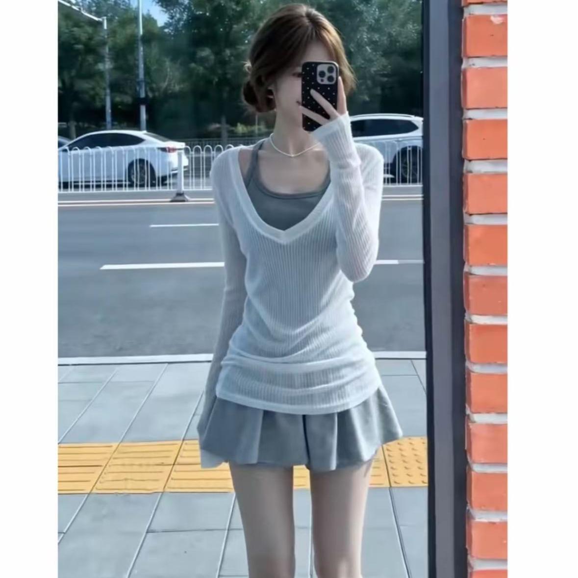 高品质【现货】夏季纯欲风长袖罩衫套装女装吊带显瘦短裙时尚三件