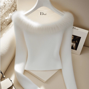 【原版做工】德绒2025季新气质名媛修身一字肩白色打底上衣小个子