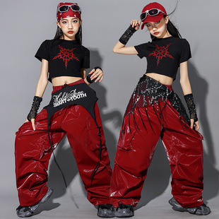 女童红色爵士舞演出服少儿jazz裤子套装儿童街舞服装女孩炸街潮装