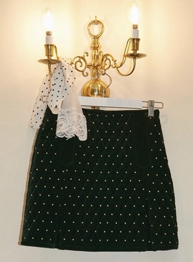 财阀bibi*y千金日系可爱少女刺绣黑法兰绒棉服包臀黑棉服半身裙