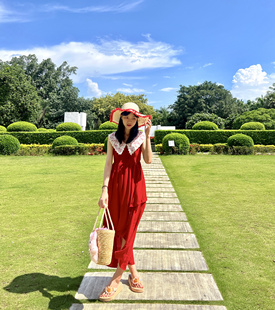 公主少女裙礼服连衣裙 红不规则长裙｜甜美娃娃领云南丽江气质法式