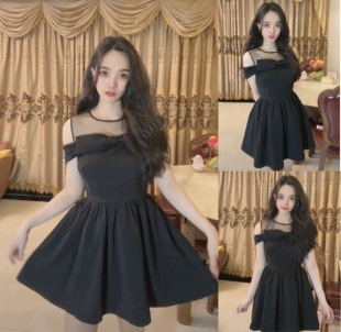 甜美少女可爱名媛黑礼服裙日系气质收腰一字肩露肩遮手臂连衣裙