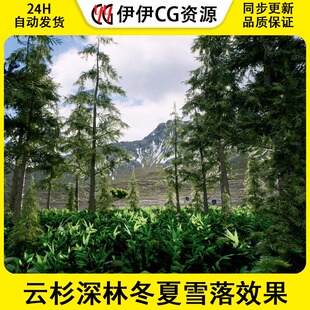 UE5虚幻4 云杉深林冬夏雪落效果大松树针叶植物灌木丛带风力道具