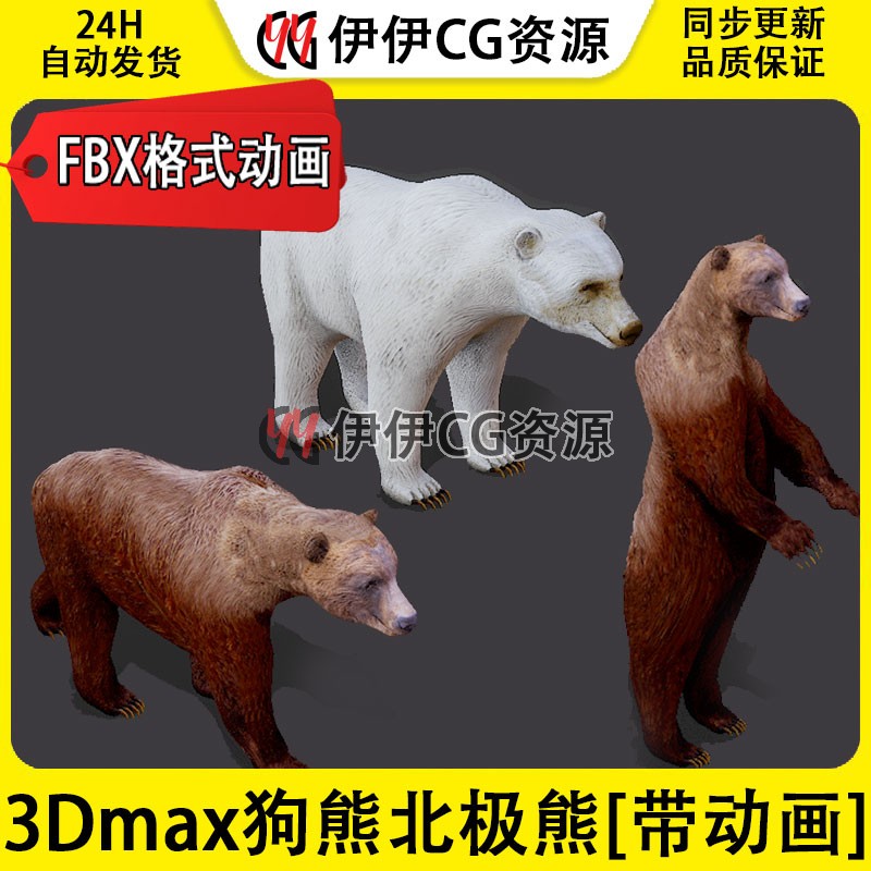 3DMax动物模型3D模型PBR狗熊bear北极熊FBX动画文件50多套动作