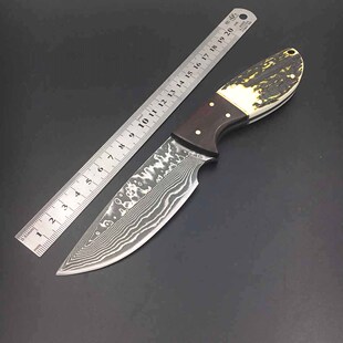 大马士革钢野鸭鹿角红影木手柄水果野外旅行锋利舒服握感小直刀