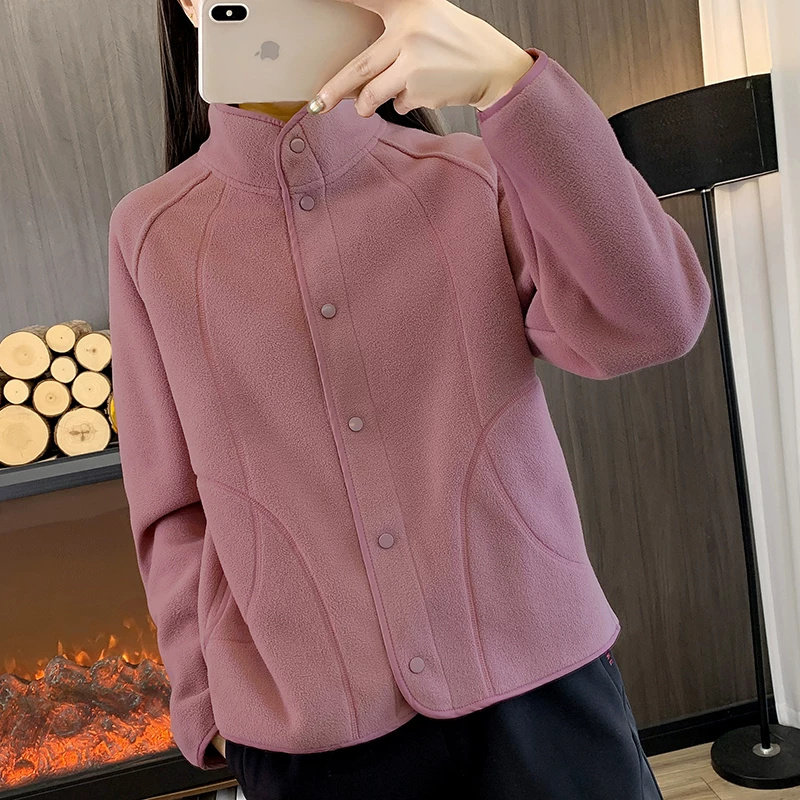 秋冬户外抓绒衣外套女立领保暖摇粒绒短款开衫纽扣款加厚拉链卫衣