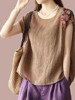 Ethnic style short-sleeved cotton and linen top for women, 2025 new round-neck embroidered T-shirt, summer thin and large-sized base layer thumbnail 6