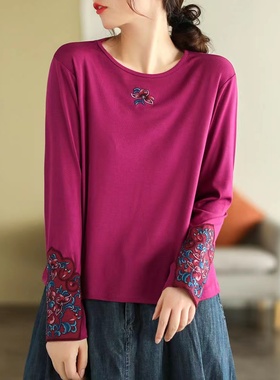 6535棉圆领短袖t恤女文艺复古宽松夏新款民族风绣花长袖打底衫