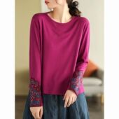 2023年春秋新款 含棉民族风绣花上衣女 文艺复古宽松圆领刺绣打底衫