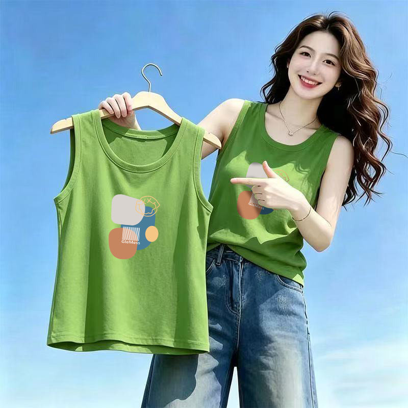 2026新款大码无袖上衣女夏季纯棉圆领吊带背心时尚显瘦印花打底衫 - 实物图