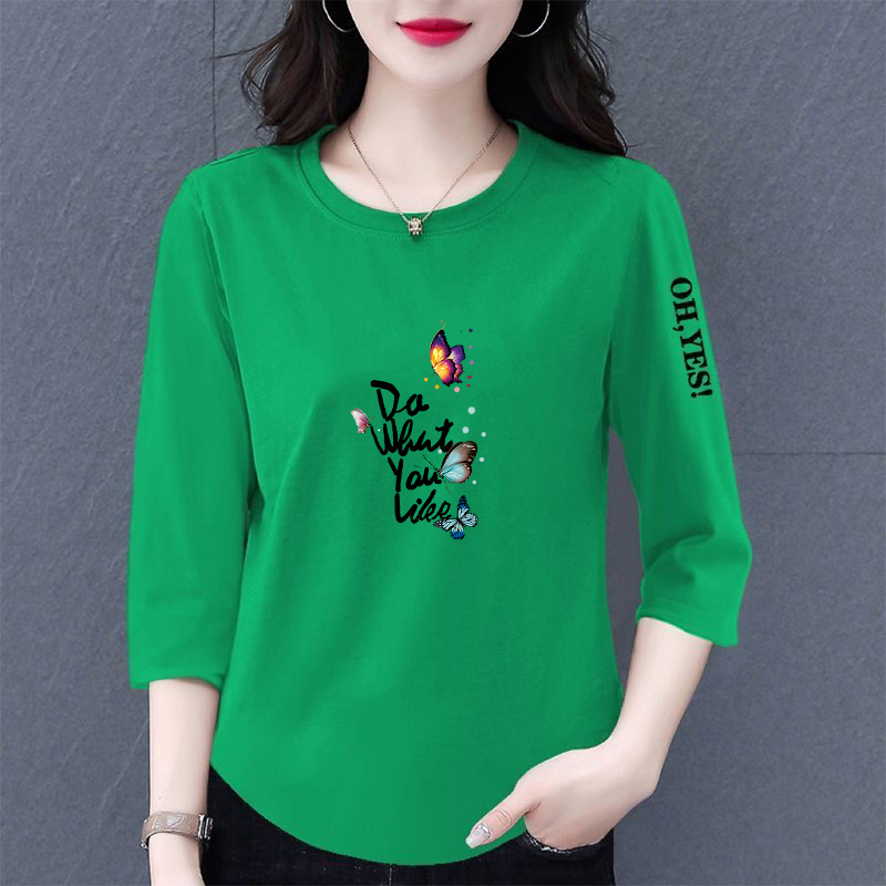 夏季新款七分袖上衣女士纯棉圆领印花薄款打底衫韩版气质大码t恤