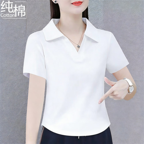 100%纯棉短袖t恤女设计感polo领打底衫夏季薄款纯色显瘦上衣