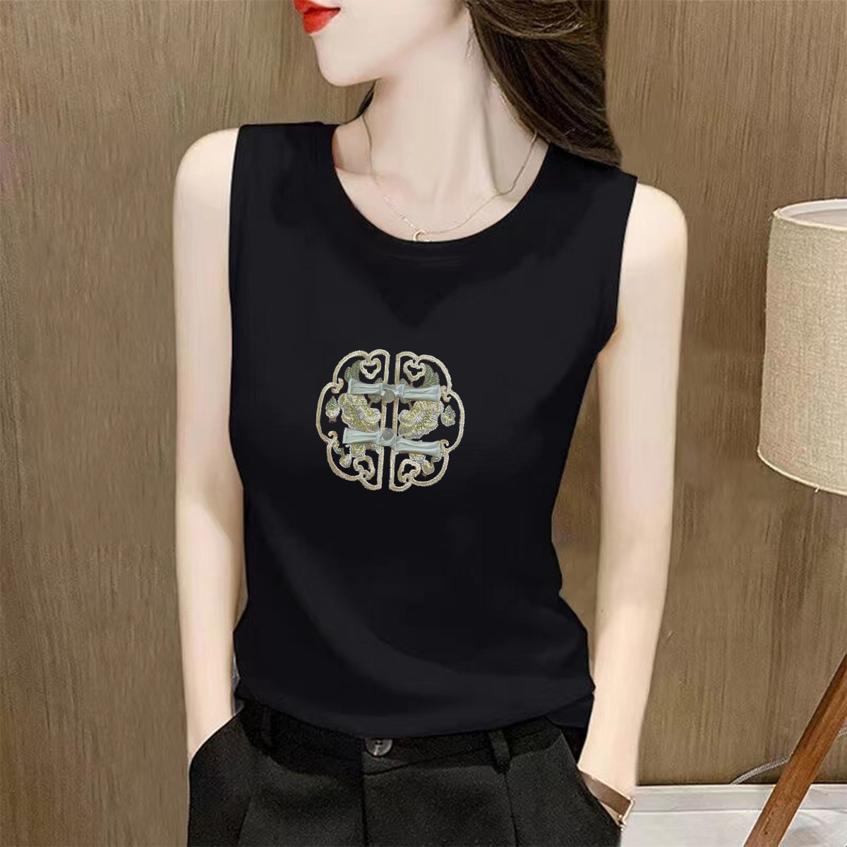 纯棉新中式吊带背心女2024新款夏季无袖打底外穿薄款圆领印花上衣
