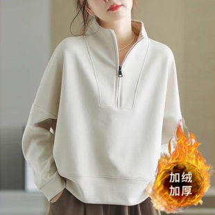 秋冬新款短款纯色卫衣女加绒立领长袖百搭t恤加厚套头宽松打底衫