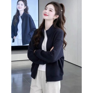 春秋季长袖拉链外套女士韩版立领百搭大码上衣2026新款藏青色卫衣