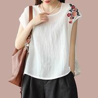 Ethnic style short-sleeved cotton and linen top for women, 2025 new round-neck embroidered T-shirt, summer thin and large-sized base layer thumbnail 2