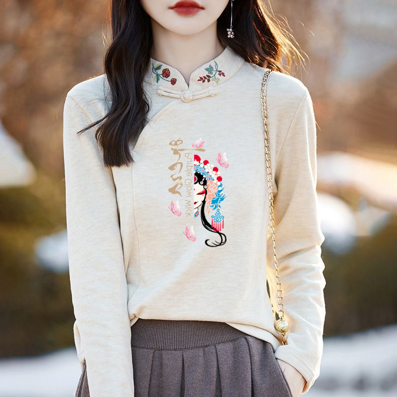 加绒加厚长袖印花显瘦t恤女冬季立领内搭打底衫复古德绒刺绣上衣