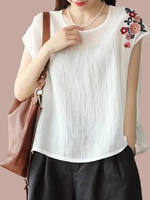 Ethnic style short-sleeved cotton and linen top for women, 2025 new round-neck embroidered T-shirt, summer thin and large-sized base layer thumbnail 5