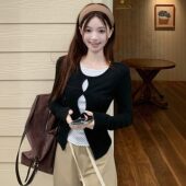 SEVEN 波点百搭显瘦上衣长袖 女春季 简约法式 空长袖 款 T恤7008