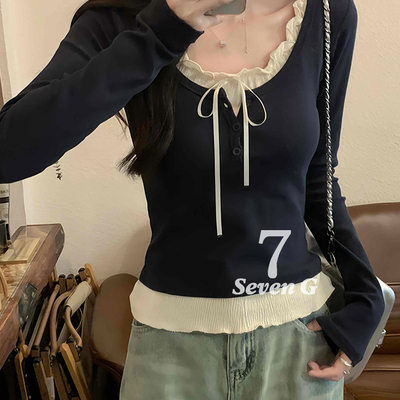 7 SEVEN G-衣拼接长袖荷叶边针织衫(蝴蝶结长袖荷叶边上衣)HB7492