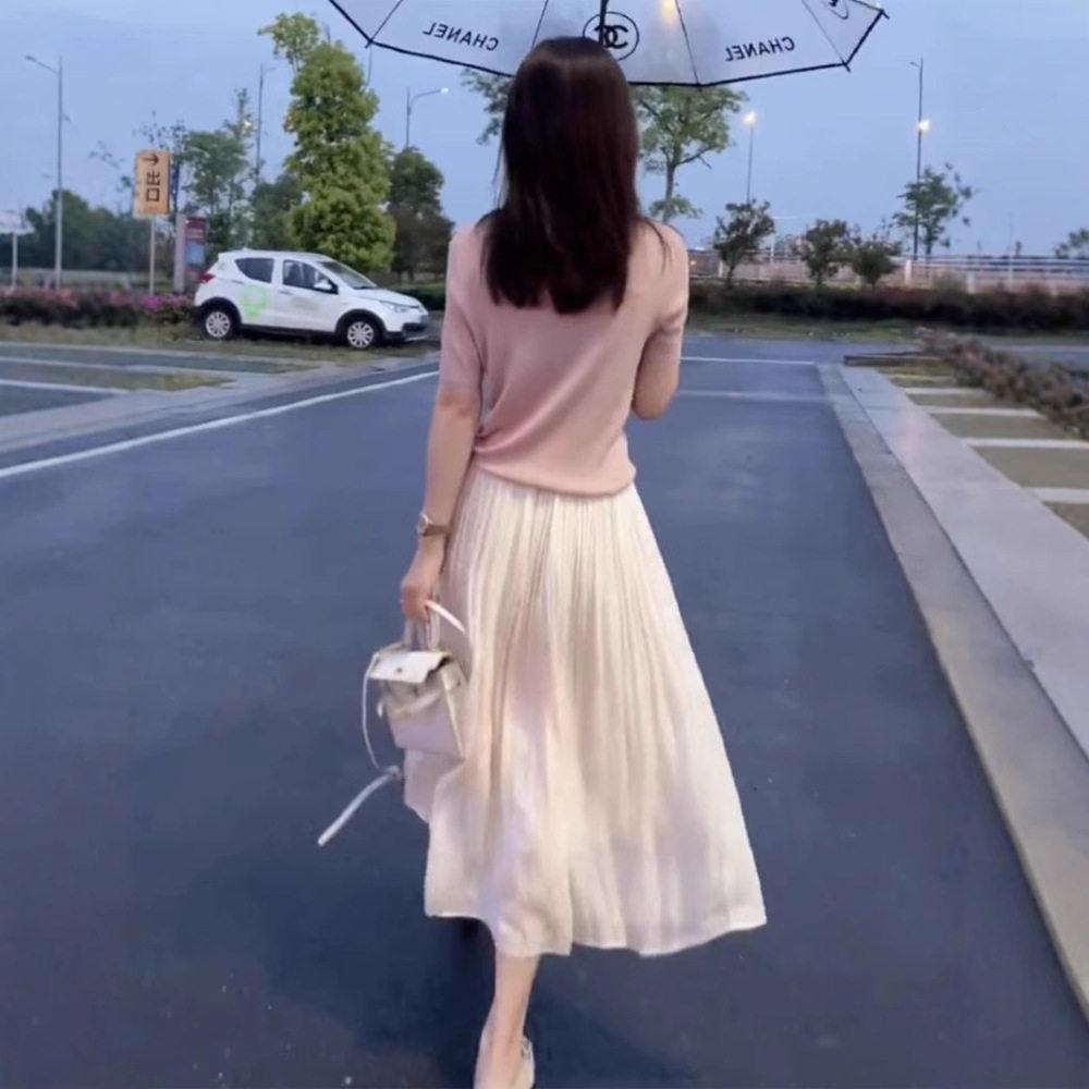 杏色流光半身裙女2026新款夏季高腰垂感a字显瘦网纱裙绝美夏日裙