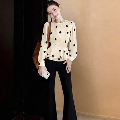 2026春季新款两件套休闲韩系通勤风波点上衣女轻熟优雅风长裤套装