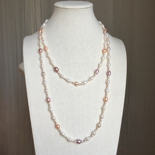 糖果色珍珠项链女款 毛衣链天然彩色混搭多层链 锁骨链颈链配饰长款
