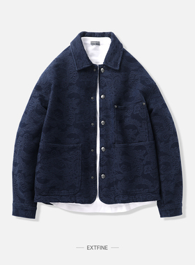 Extfine冬季高级感老钱风蓝色提花翻领棉服夹克外套男宽松保暖
