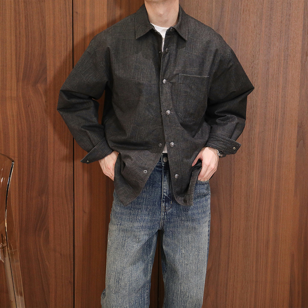 日系复古高级感黑灰色衬衫款棉服