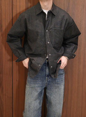 Extfine冬季新款日系复古高级感黑灰色衬衫款棉服夹克外套男宽松