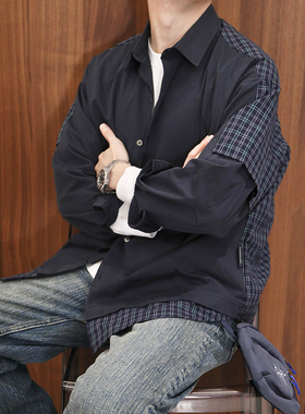 Extfine秋季新款日系设计感高级宽松翻领拼接衬衫男长袖百搭阔版